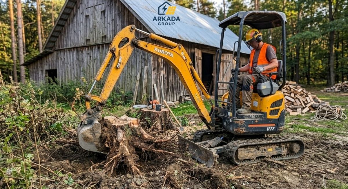 Karczowanie korzeni minikoparką